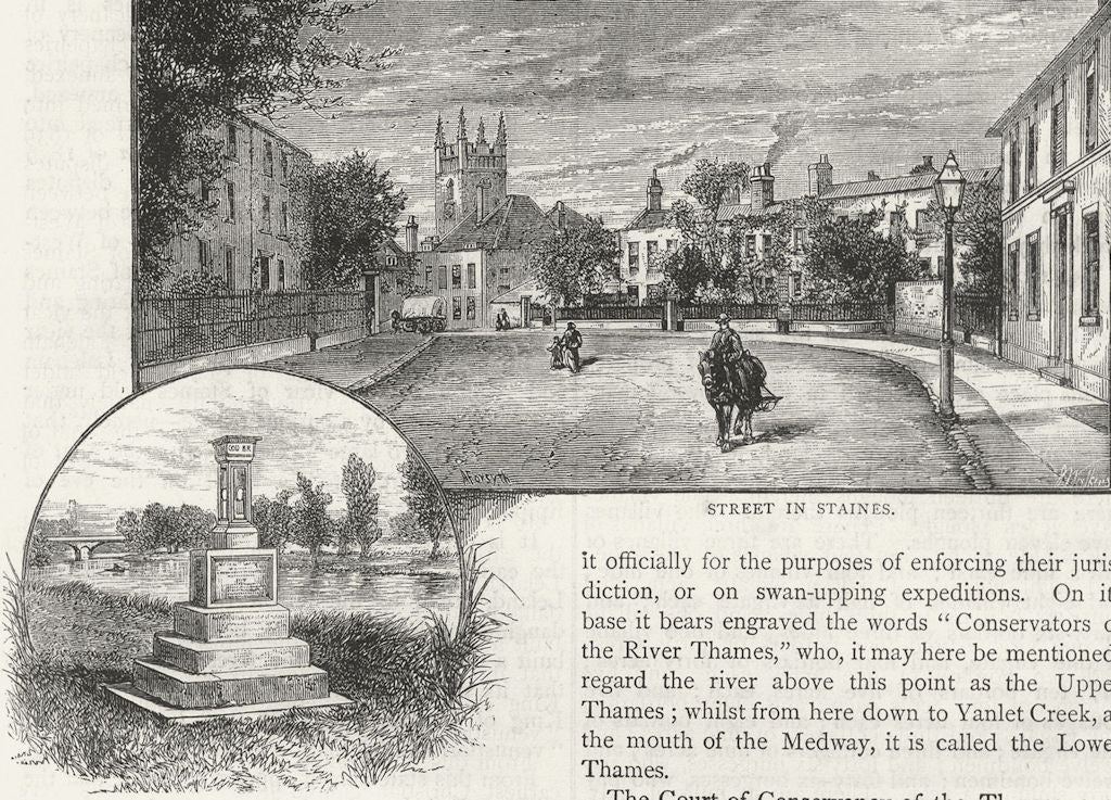 STAINES. Street in Staines; The city Boundary Stone. Surrey 1888 old print